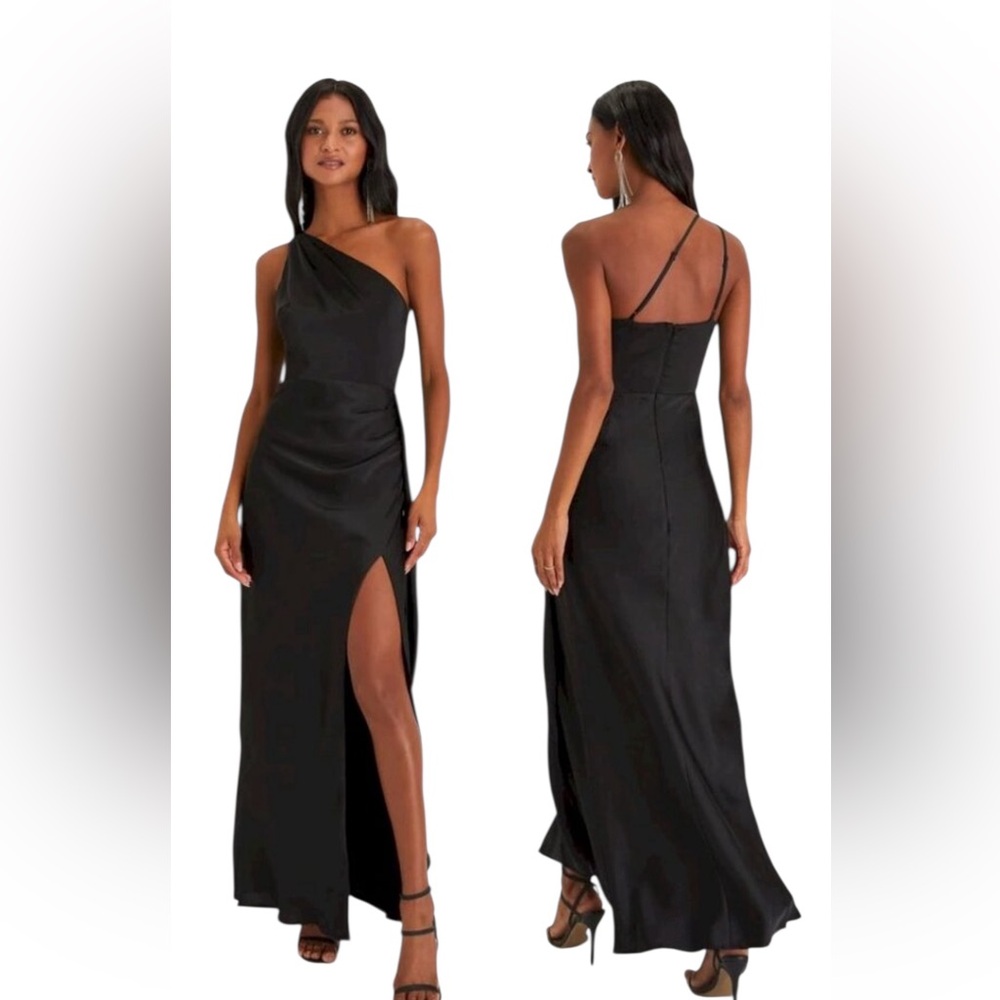Lulus Signature Elegance Black Satin One-Shoulder Maxi Dress Size Large New NWT